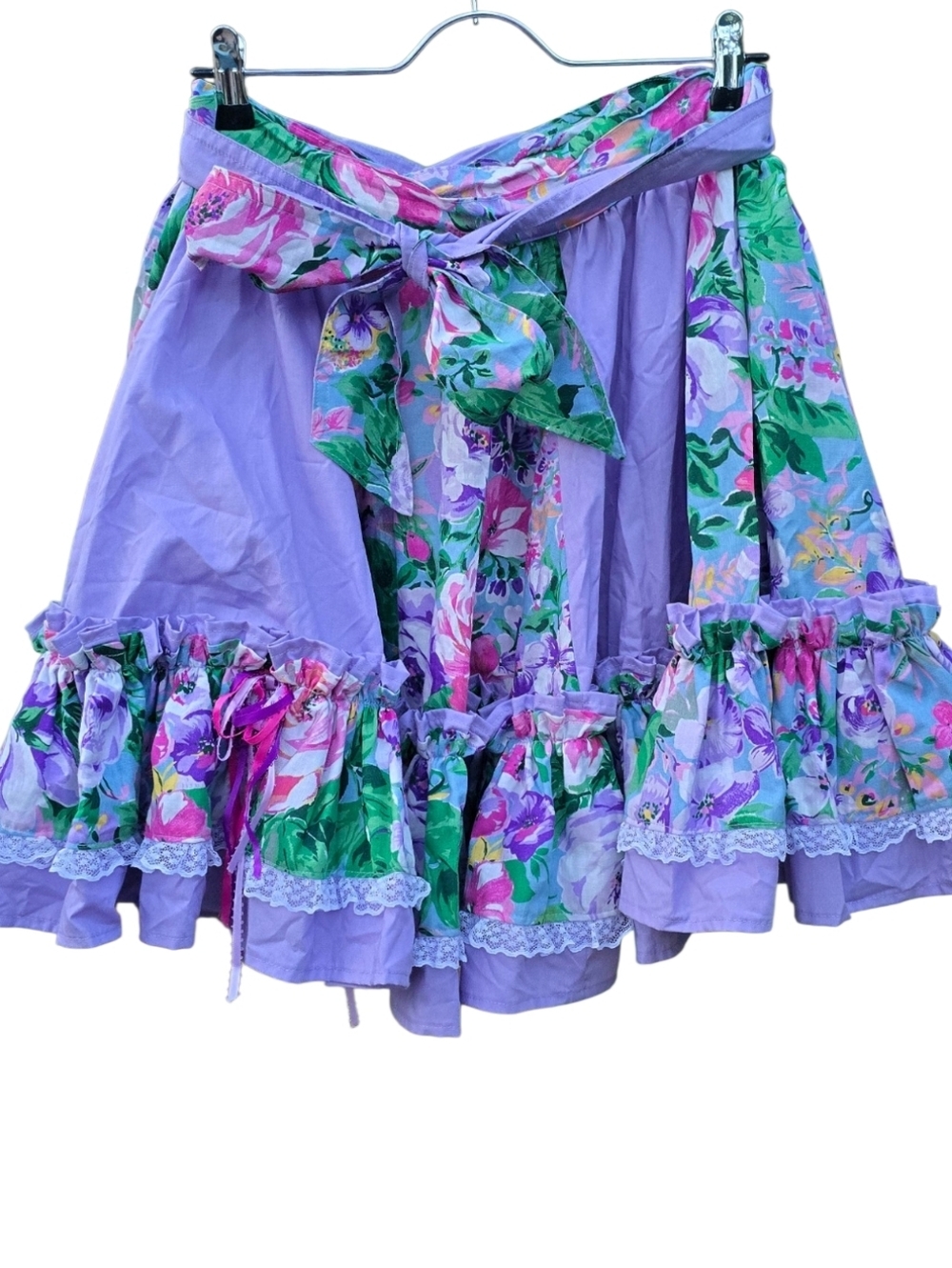 Vintage 80s 90s Floral Pastel Ruffle Mini Skirt Cottagecore Lavender Lace - Picture 2 of 9